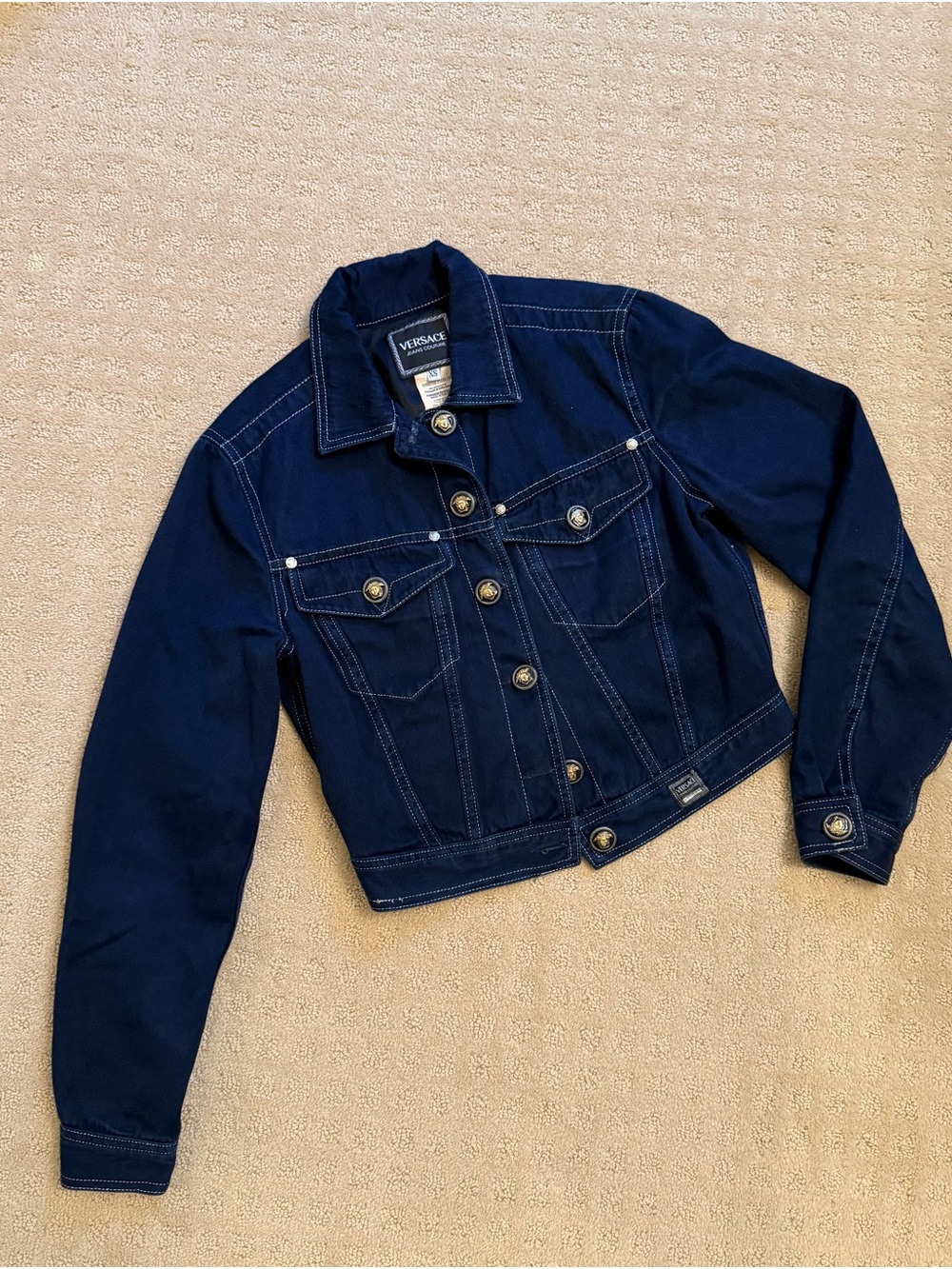 Vintage Versace Navy Blue Cropped Denim Jacket with Gold logo Buttons
